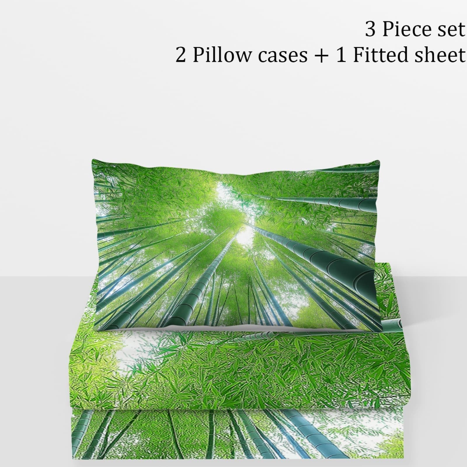 Sábana Ajustable Impresa 160 X 200 Cm X30Cm Transpirable Tacto Suave Sábana Bosque De Bambú Verde Tranquilidad Sábana Bajera Verde Oscuro Verde Claro Juego De Cama para con 2 Fundas De Almohada