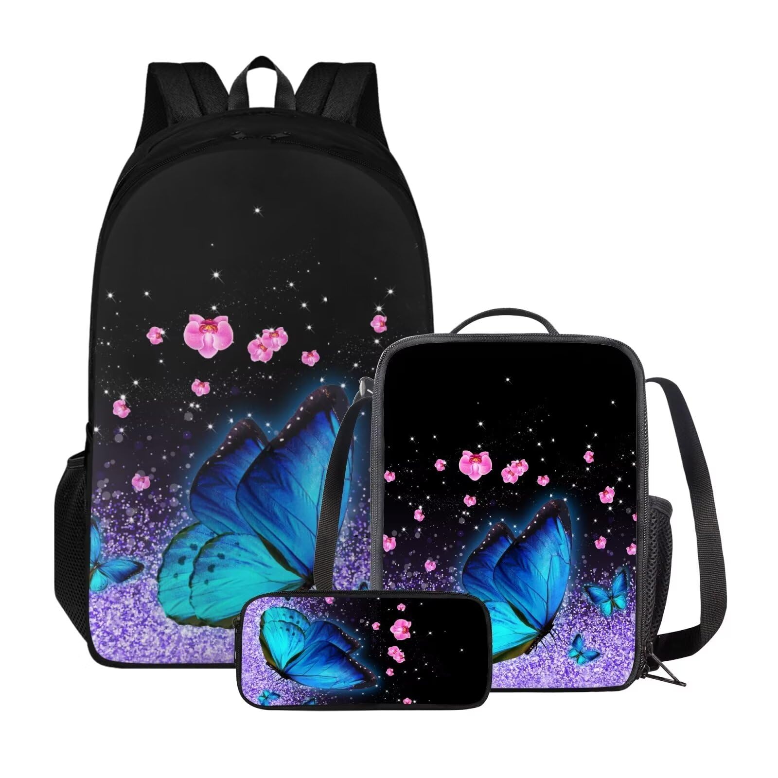 Poceacles Zaini per la scuola per ragazze con portapranzo, astuccio per il rientro a scuola, set di 3 zaino leggero per ragazzo, Farfalla floreale glitter