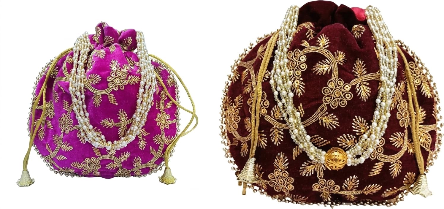 JDDCART Wedding gifting potli combo set of 2 || stylish shagun potli in velvet feel floral design fabric with sequins design of flower pattern (Maroon, Gold, Rani Pink)-picture-33