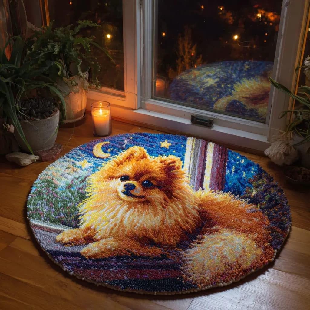 Round Latch Hook Rug Kits Pomeranian For Adults And Starter 50*50Cm