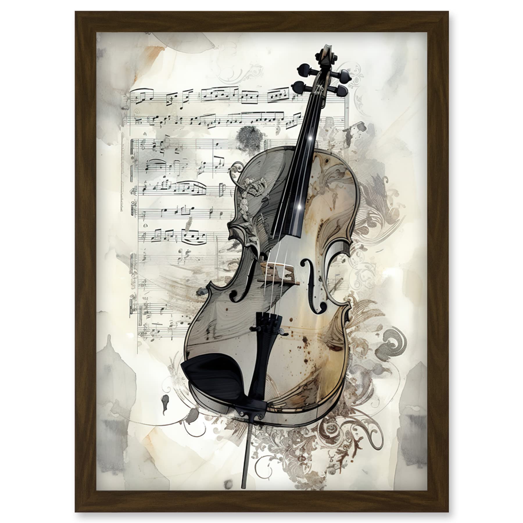 Artery8 Violin Instrument and Sheet Music Modern Monochrome Watercolour Illustration Artwork Framed Wall Art Print A4