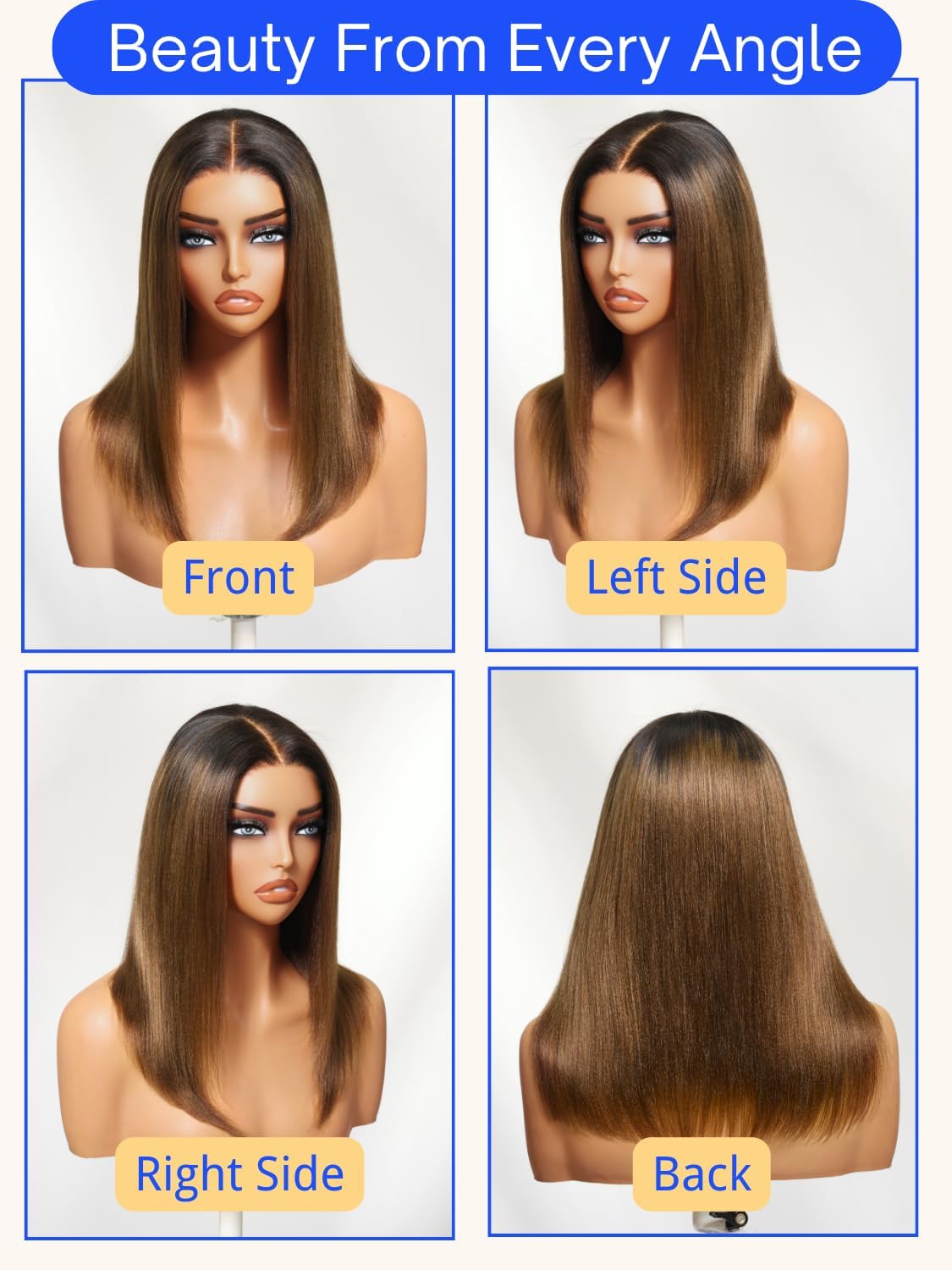 Nadula Ombre Brown Yaki Straight Bob Wig Human Hair - Glueless Pre Cut 7x5 HD Bye Bye Knots Lace Front Wigs Pre Plucked with Chestnut Highlights -Pre Everything Ready to Go Short Yaki Bob Wig 10inch