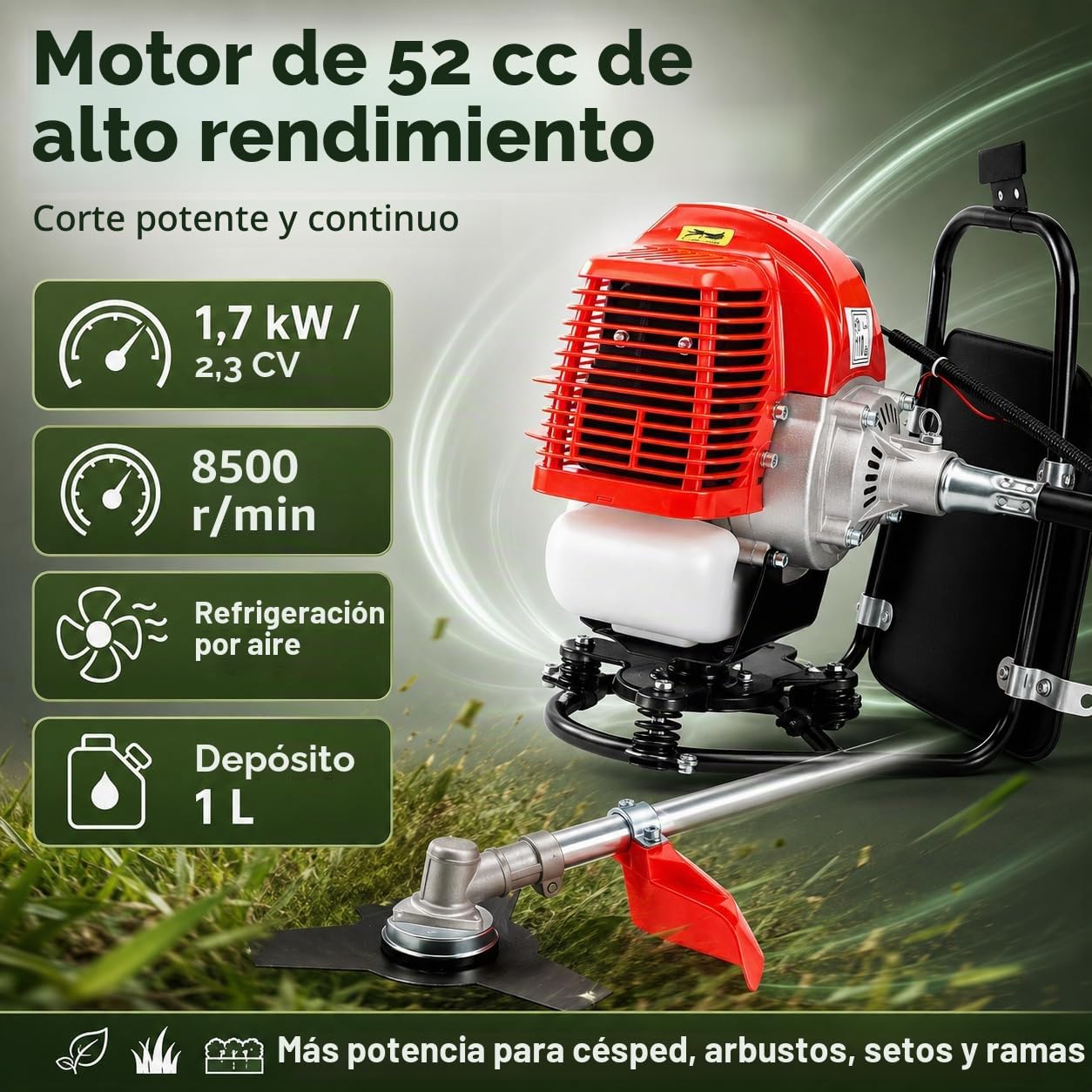 Desbrozadora de gasolina 4 en 1 de 52 cc de 2 tiempos, de gasolina, para cepillo, cortacésped, motosierra, podadora, cortacésped, cortasetos, YLNXC75XWDML8-TDKA