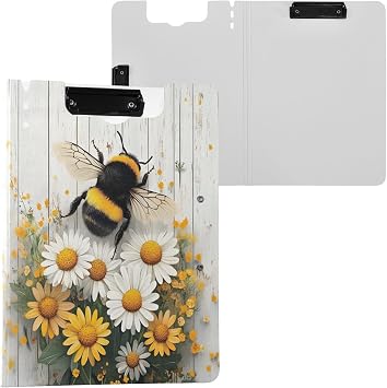 Bee Daisy Honeycomb Wooden Foldable Clipboard A4 Clipboard Folder with Binders Pen Holder 360 Cover Flip for Work Office Supplies