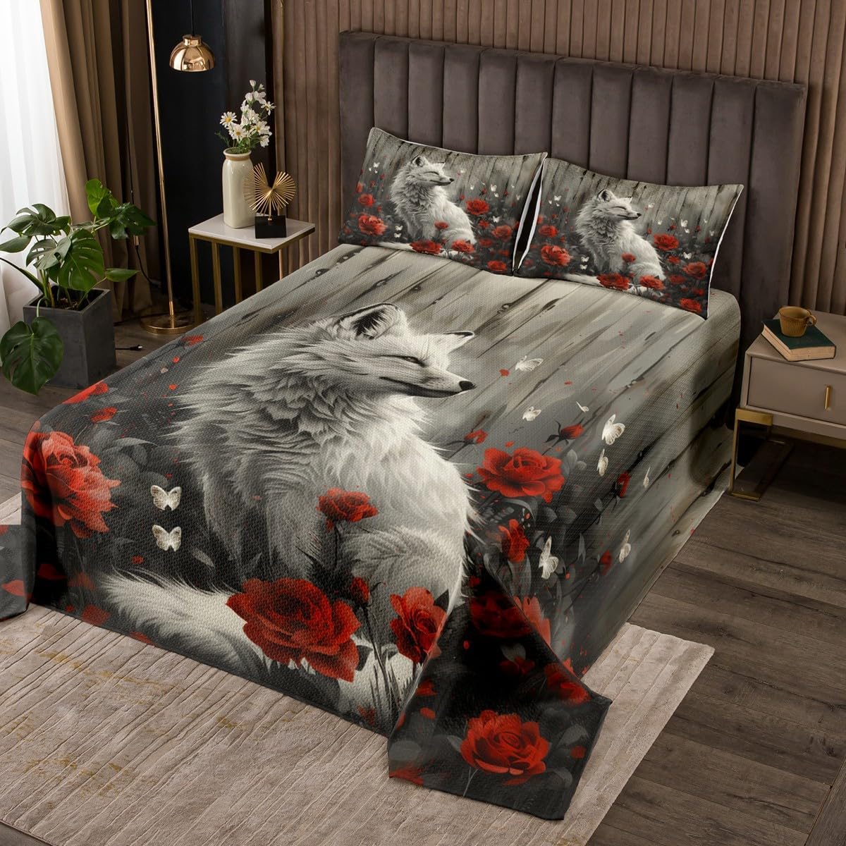 Homewish Purple Flower Fox Bedspread Twin Size,Blossom Flower Wildlife Bedding Set for Kids Boys Girls Room Decor,Nature Plant Boho Coverlet Set 2Pcs,Tie Dyeing Watercolor Animal Quilt,1 Pillowcase