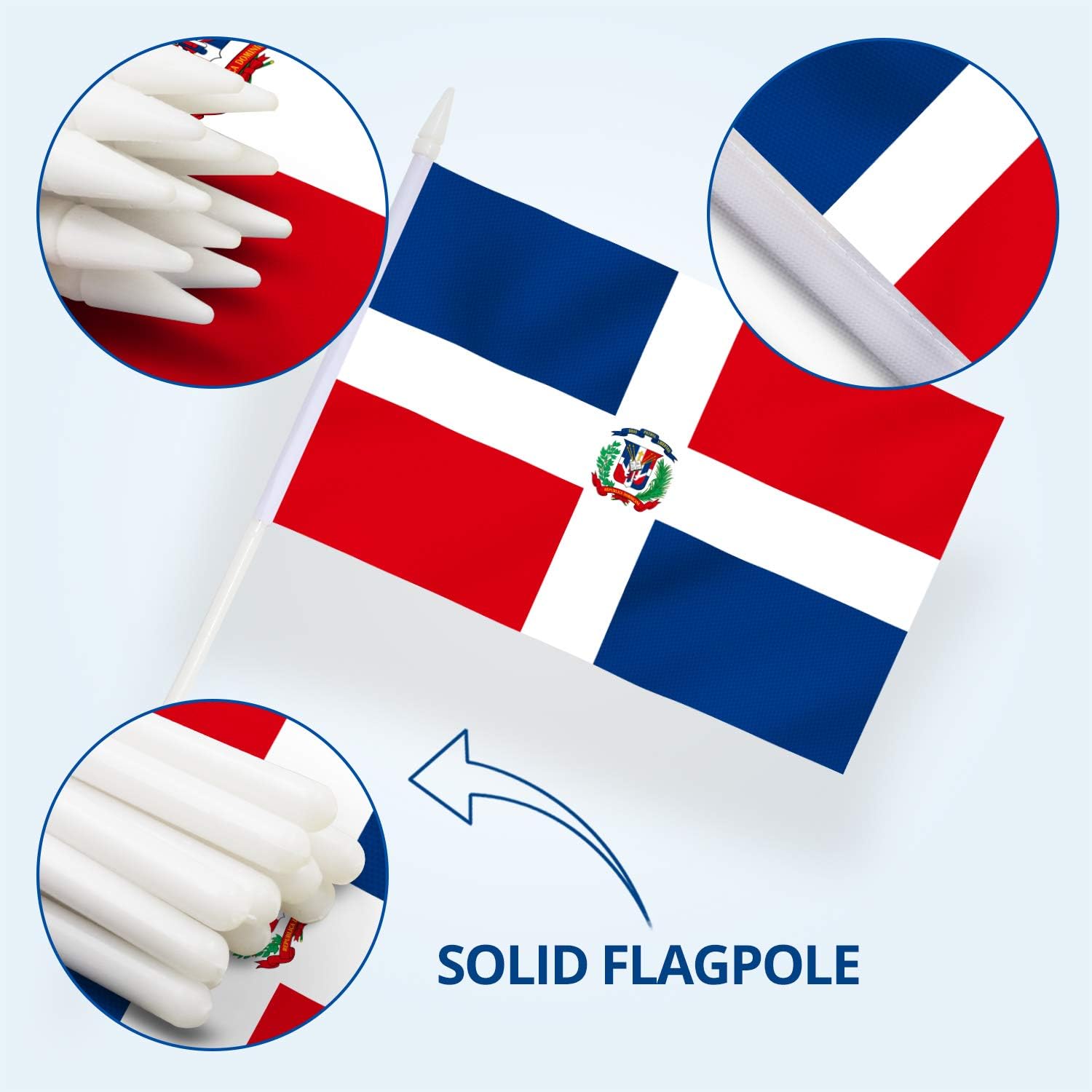 Anley Dominican Mini Flag 12 Pack - Hand Held Small Miniature Dominican Flags on Stick - Fade Resistant & Vivid Colors - 5x8 Inch with Solid Pole & Spear Top
