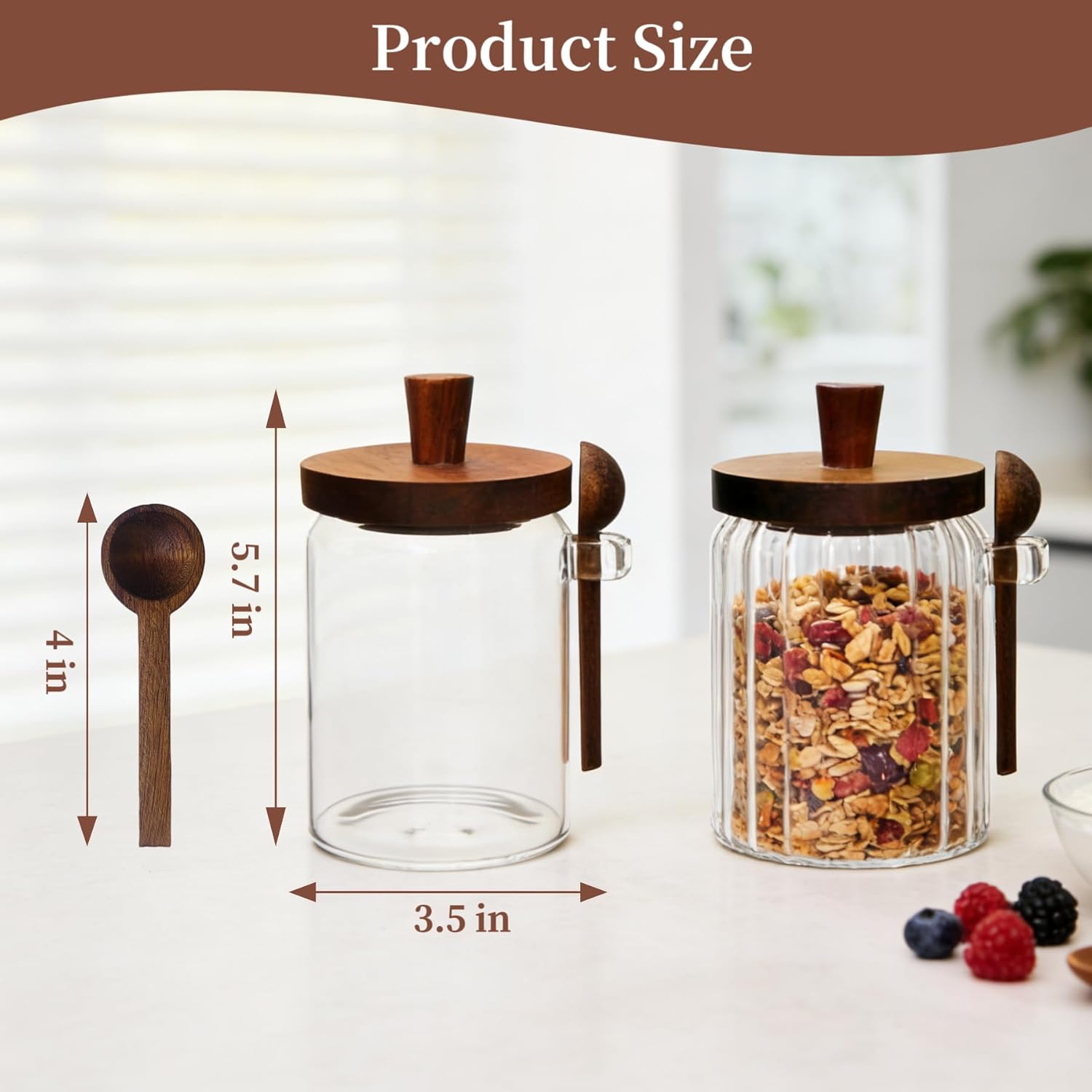 sugar bowl with lid and spoon,20 oz sugar container for coffee bar, glass coffee canister, airtight food storage jar, brown sugar container, cereal tea salts spice jar (flat) 1 flat 2 of pack