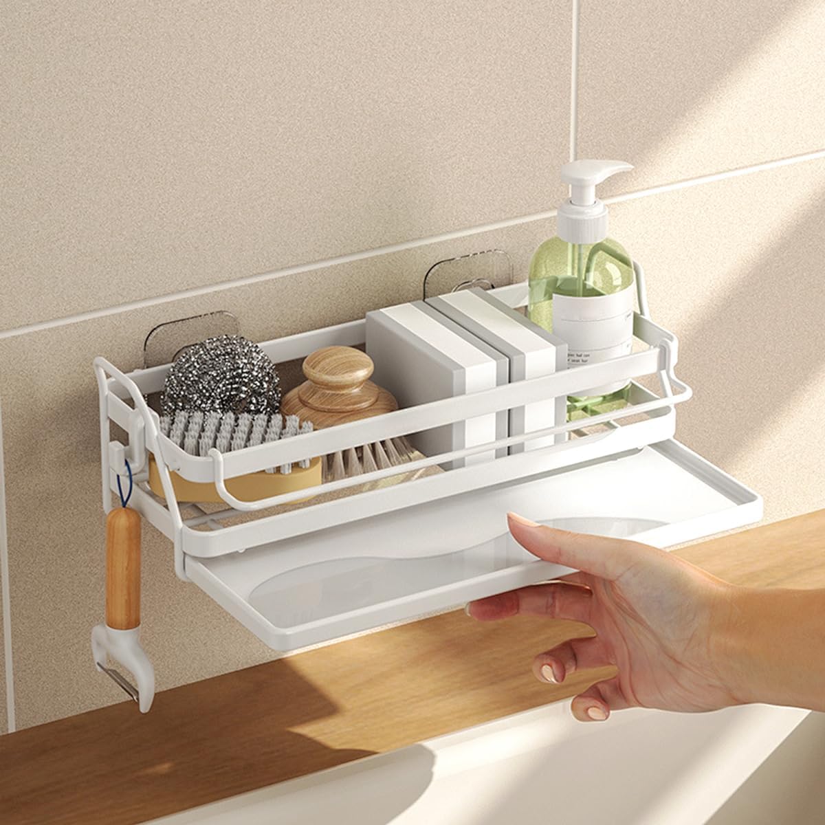 GYJZZW 3-in-1 Sink Caddy,Adhesive Sponge Holder for Kitchen Sink Kitchen Sponge Holder + Brush Holder + Hooks, Kitchen Sink Organizer,Rust Proof, Water Proof (White)
