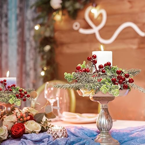 Miniatura 3 de Anillos de vela de Navidad, decoración de coronas, bayas rojas artificiales, agujas de pino nevado, coronas colgantes, guirnalda colgante para