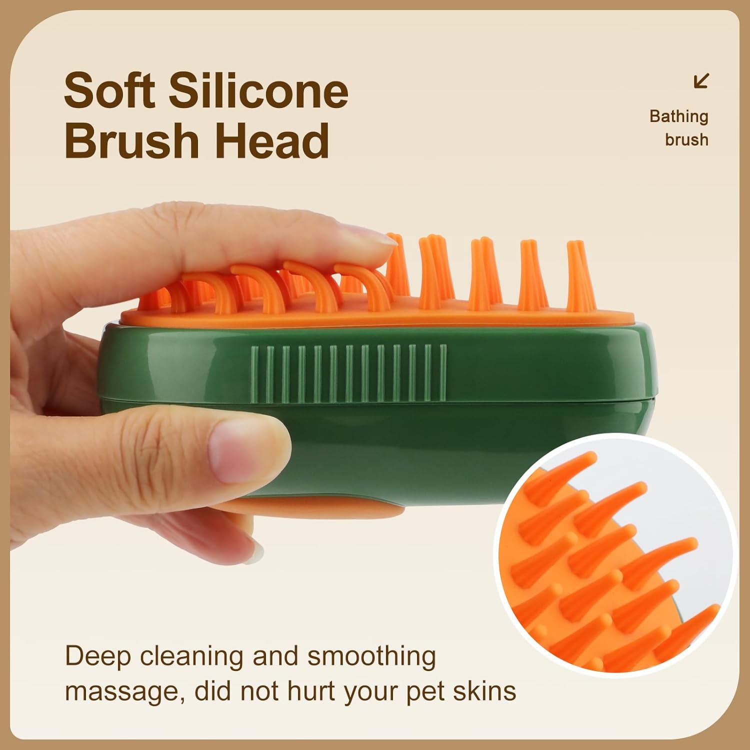 Close-up of the soft silicone bristles of the KALAMANDA Cat Steam Brush, designed for deep cleaning and gentle massage.