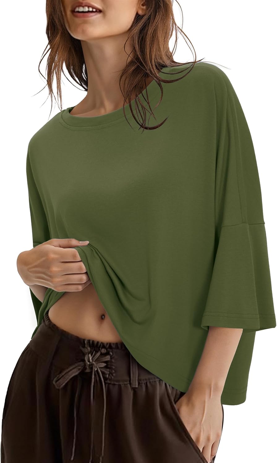 Totatuit Women Cotton Cropped Oversized T Shirts Elbow Sleeve Crew Neck Casual Tee Tops Loose Fitting Gym T-Shirt