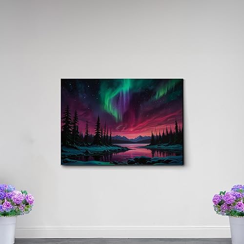 Miniatura 4 de Aurora Borealis, Northern Lights Art, framed canvas print, snow capped mountain landscape art, synthwave vaporwave, Art Decor, Wall