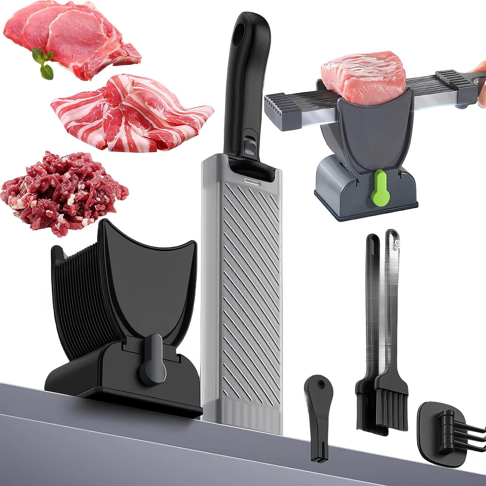 Fleischschneidemaschine for Den Heimgebrauch, 2–4 Mm Verstellbarer Fleischschneider Aus Edelstahl mit Spitzer, 2 Bürsten Und Spülmaschinenfest for Rind- Und Schweinefleisch – Fleischerbeil(Black)