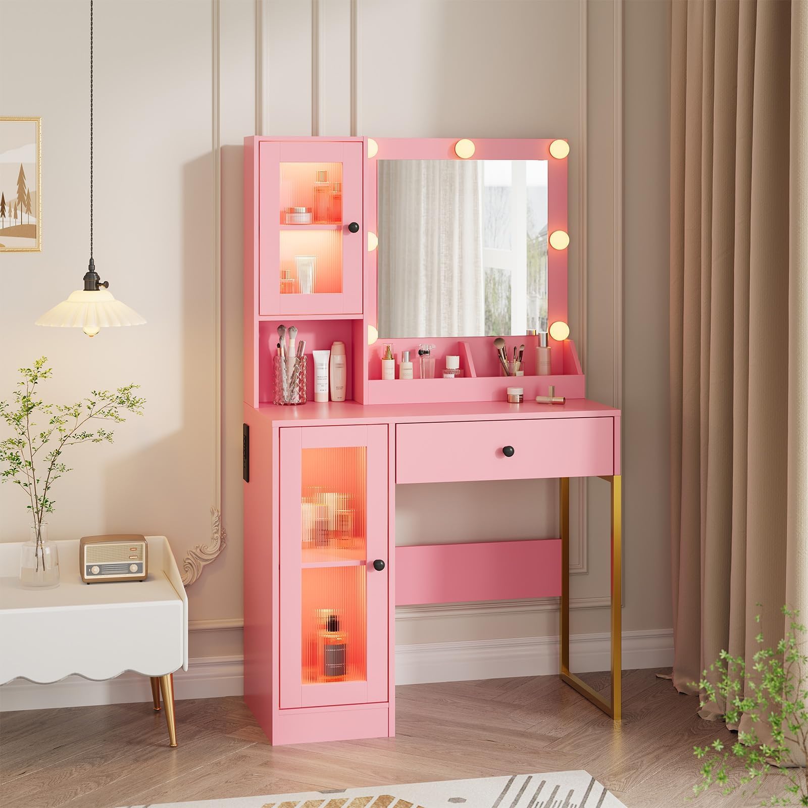 IDEALHOUSE Makeup Vanity Desk with Mirror and Lights, Vanity Table with Charging Station, 2 Open Compartments, 2 Acrylic-Door Cabinets, and RGB Lights