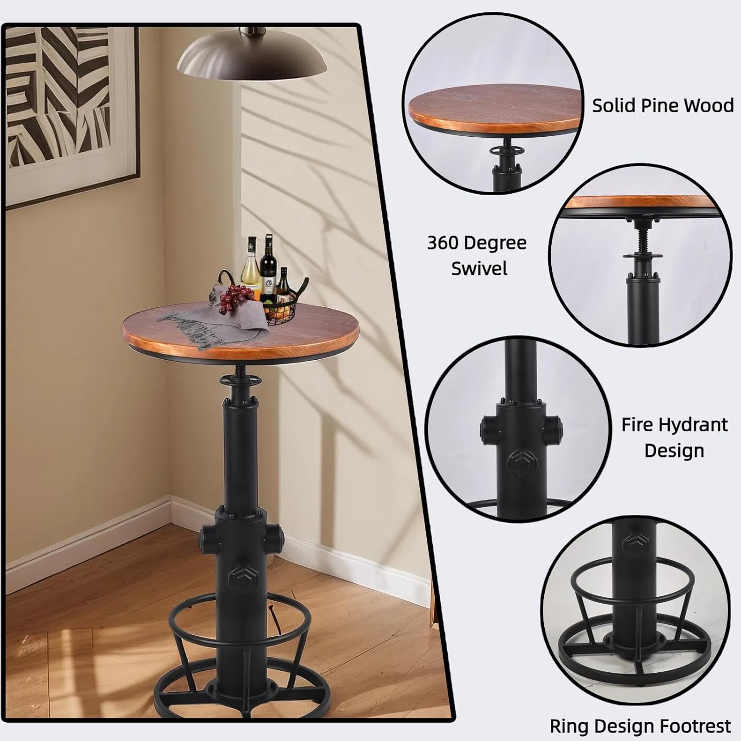 Vintage Bistro Table Height Adjustable 38.6-44.4inch Industrial Bar Table for Kitchen Dining Room Coffee House Pub Office Swivel Round Wooden Top for 2-3 People Black image 5 of 8 B0B4MVPHQQ