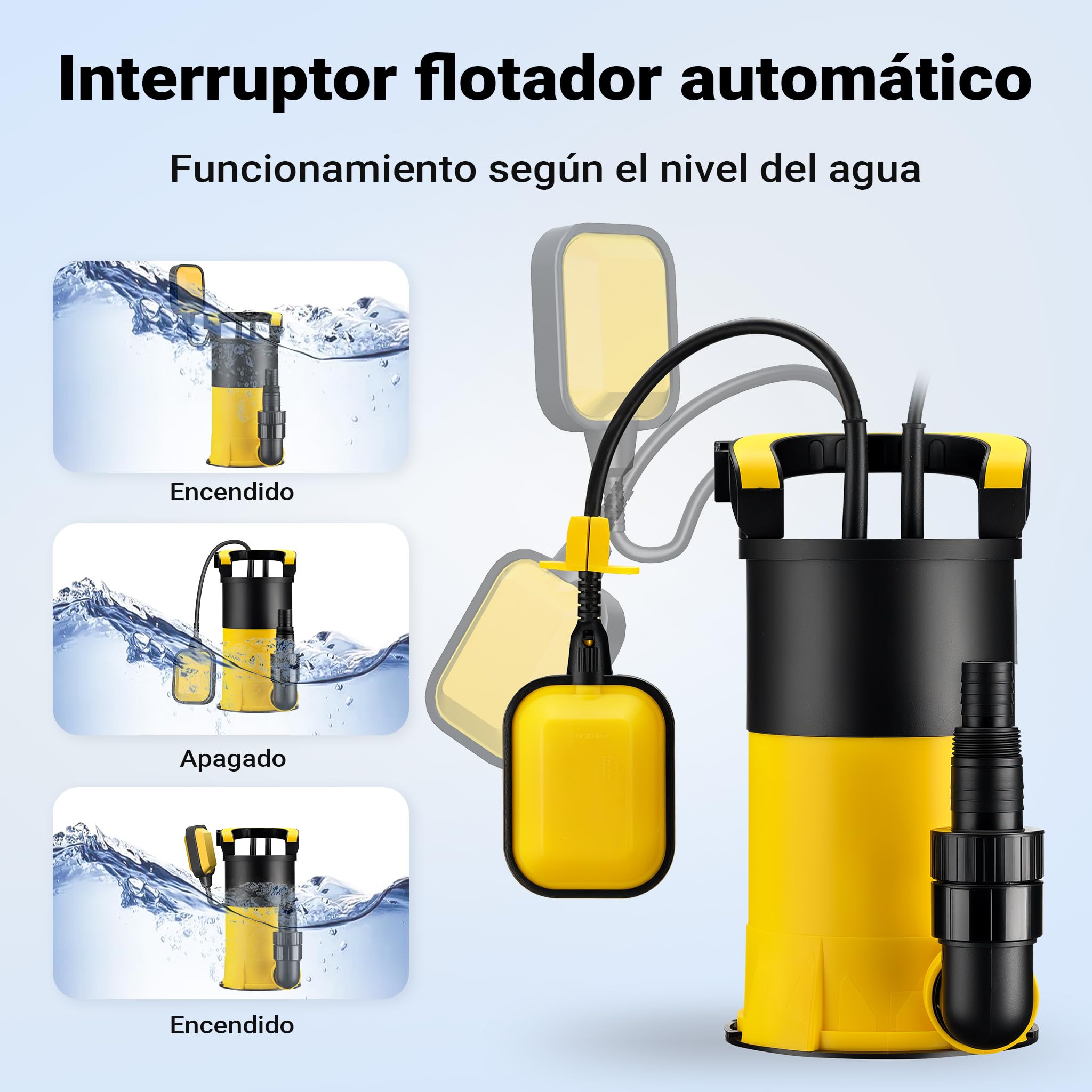 Wiltec Bomba sumergible 400W con flotador, caudal 8000 l/h, altura 5 m, nivel de aspiración 1 mm, anticorrosión para agua limpia