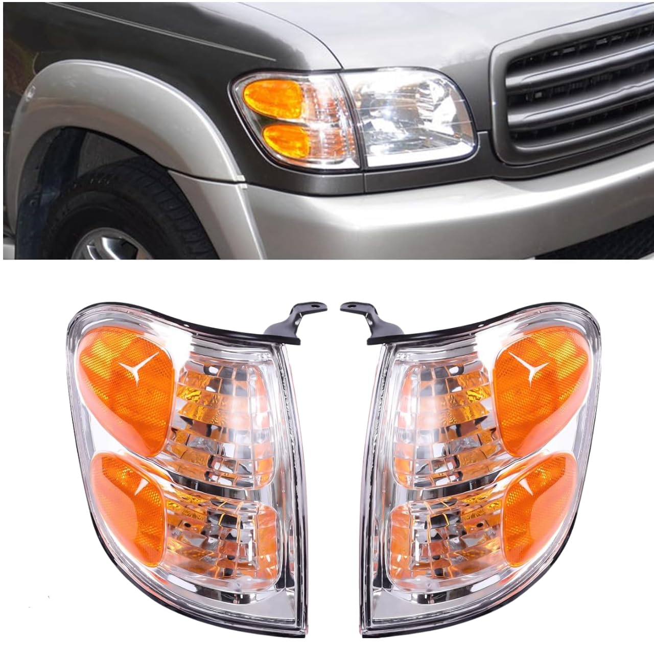 PIAOYUE- For 2001 2002 2003 2004 Toyota Sequoia Tundra Turn Signal Lights Front Left Right Black Housing Yellow+Clear Lens