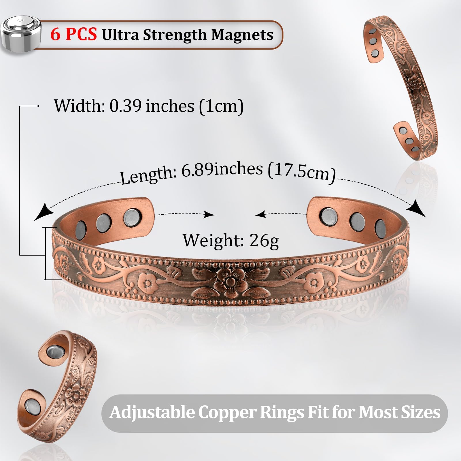BioMag Bracelet magnétique en cuivre pour femme - Aimants 3800 Gauss - Réglable - Motif floral élégant (motif floral)