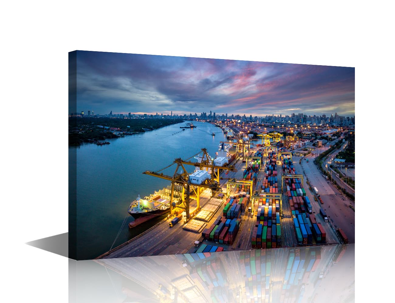 Large Canvas Wall Art 1 Panels Aerial View of International Port with Crane Loading Containers in Import Export Business Logistics Print on Canvas for Living Room Bedroom Decoration, 36"Wx24"H