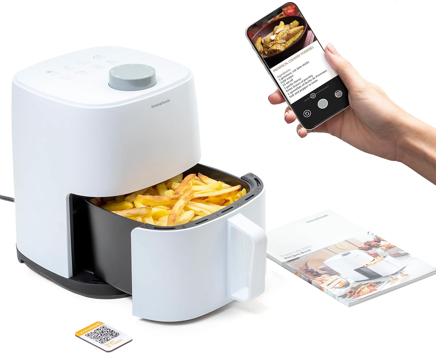 InnovaGoods® Friggitrice ad aria 2 litri, friggitrice 1200W, airfryer con +100 ricette in italiano, friggitrice ad aria calda con cestello antiaderente timer e flusso daria a 360° gradi per 2 persone InnovaGoods® Friggitrice ad aria 2 litri, friggitrice 1200W, airfryer con +100 ricette in italiano, friggitrice ad aria calda con cestello antiaderente timer e flusso daria a 360° gradi per 2 persone