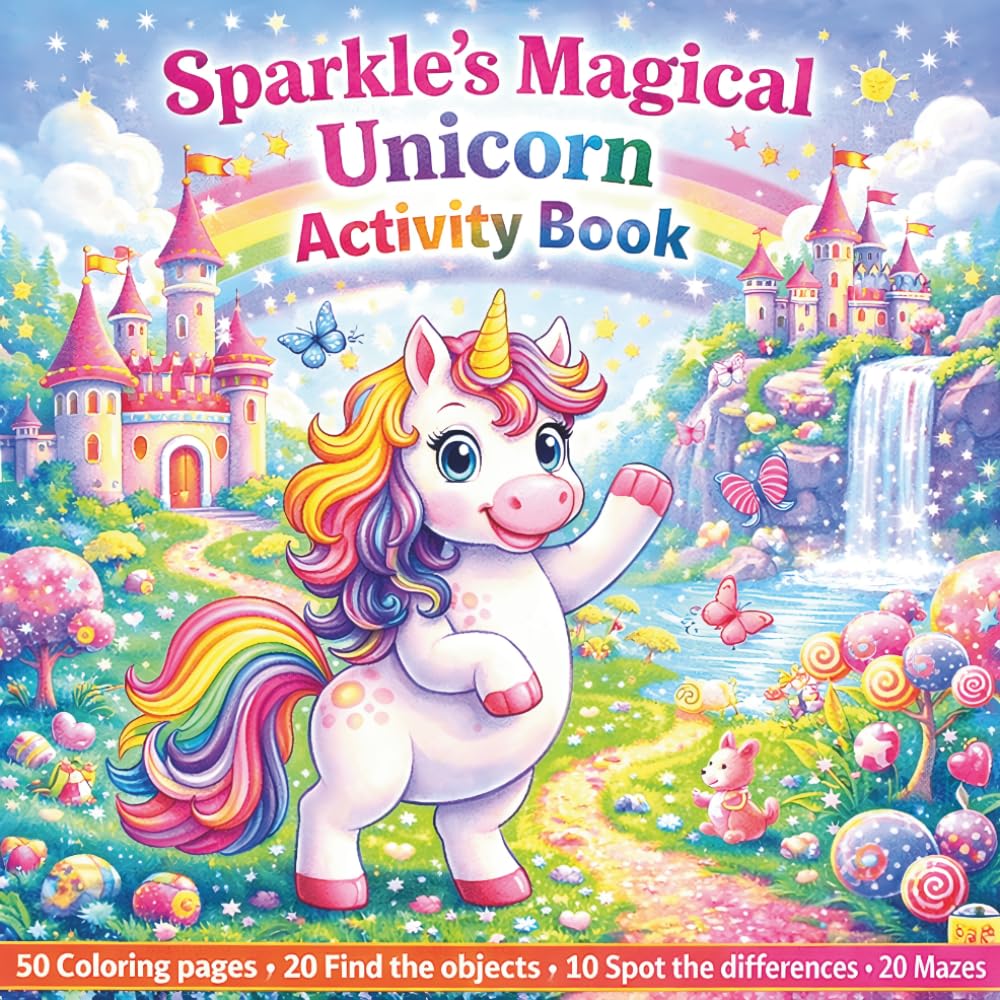 Sparkle’s Magical Unicorn Activity Book for Kids Ages 3–8: 100 Fun Activities: Coloring Pages, Mazes, Find the Objects, Spot the Differences & More