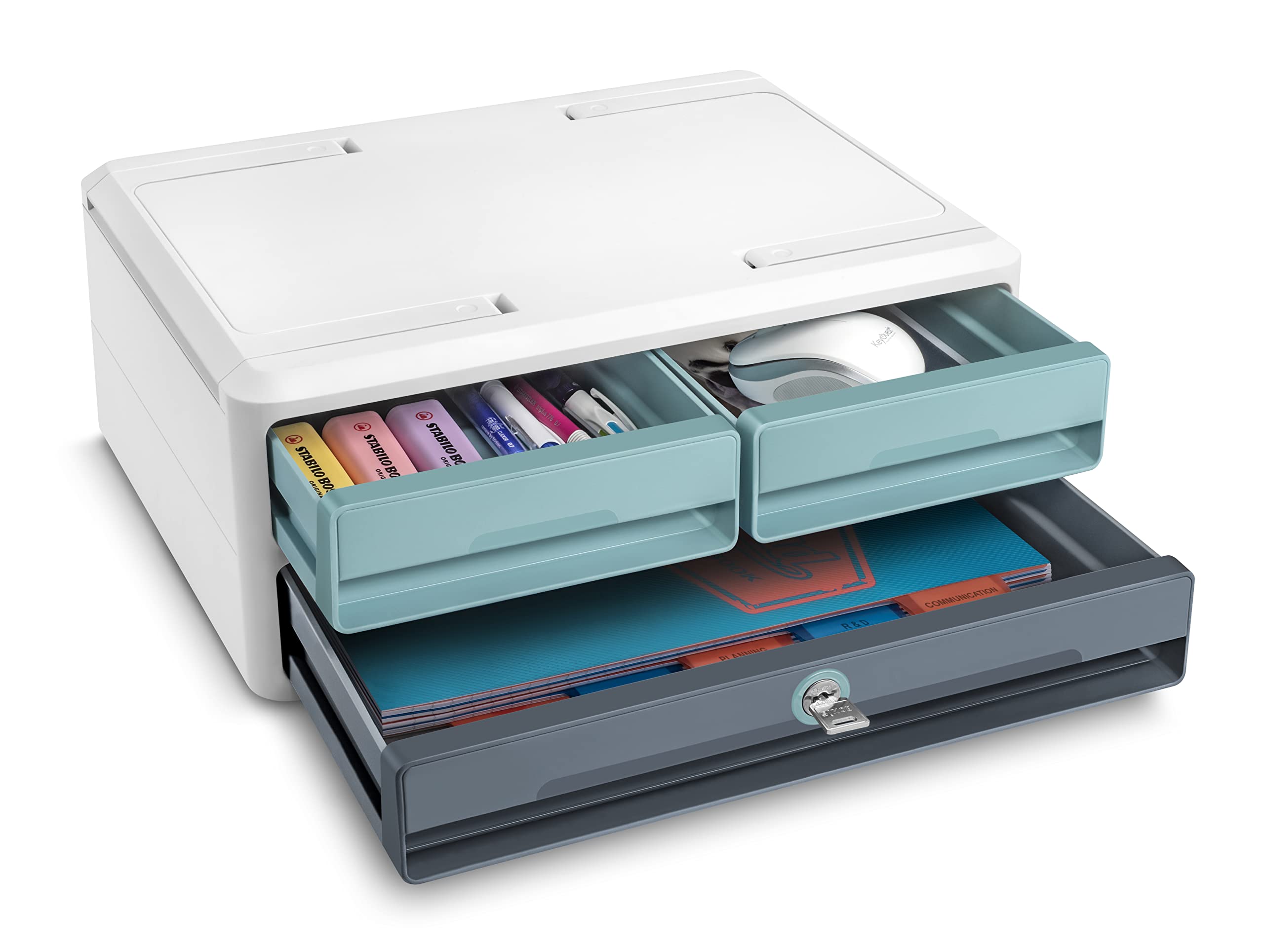 Cep Supporto per schermo PC computer Modulo di archiviazione 3 Cassetti con blocco di blocco MoovUp Secure Riviera Verde Acqua Grigio