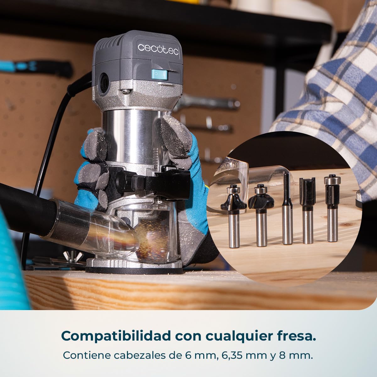 Cecotec Fresadora Eléctrica de Cable MultiShape 500. 710W, Incluye 5 Fresas y Cabezales de 6mm 6,35mm y 8mm, Velocidad y Profundidad Regulable, Cuerpo de Aluminio, Diseño Ergonómico, Tope Paralelo