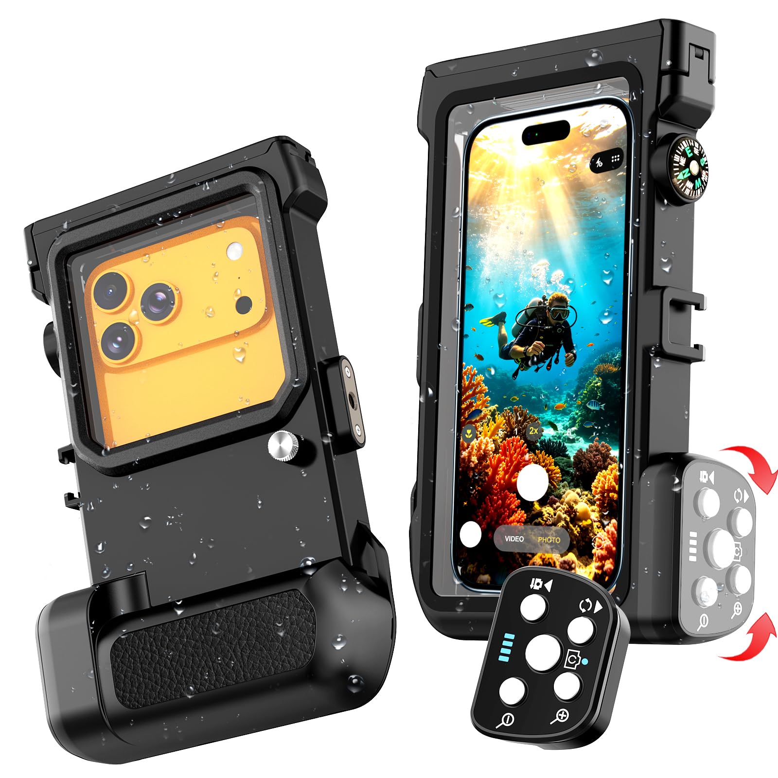 Funda impermeable para esnórquel, carcasa subacuática de 15 m con disparador remoto Bluetooth, funda de buceo para iPhone 17, 16, 15, 14, Samsung Galaxy S26 S25, se adapta hasta 7.3 pulgadas (negro)