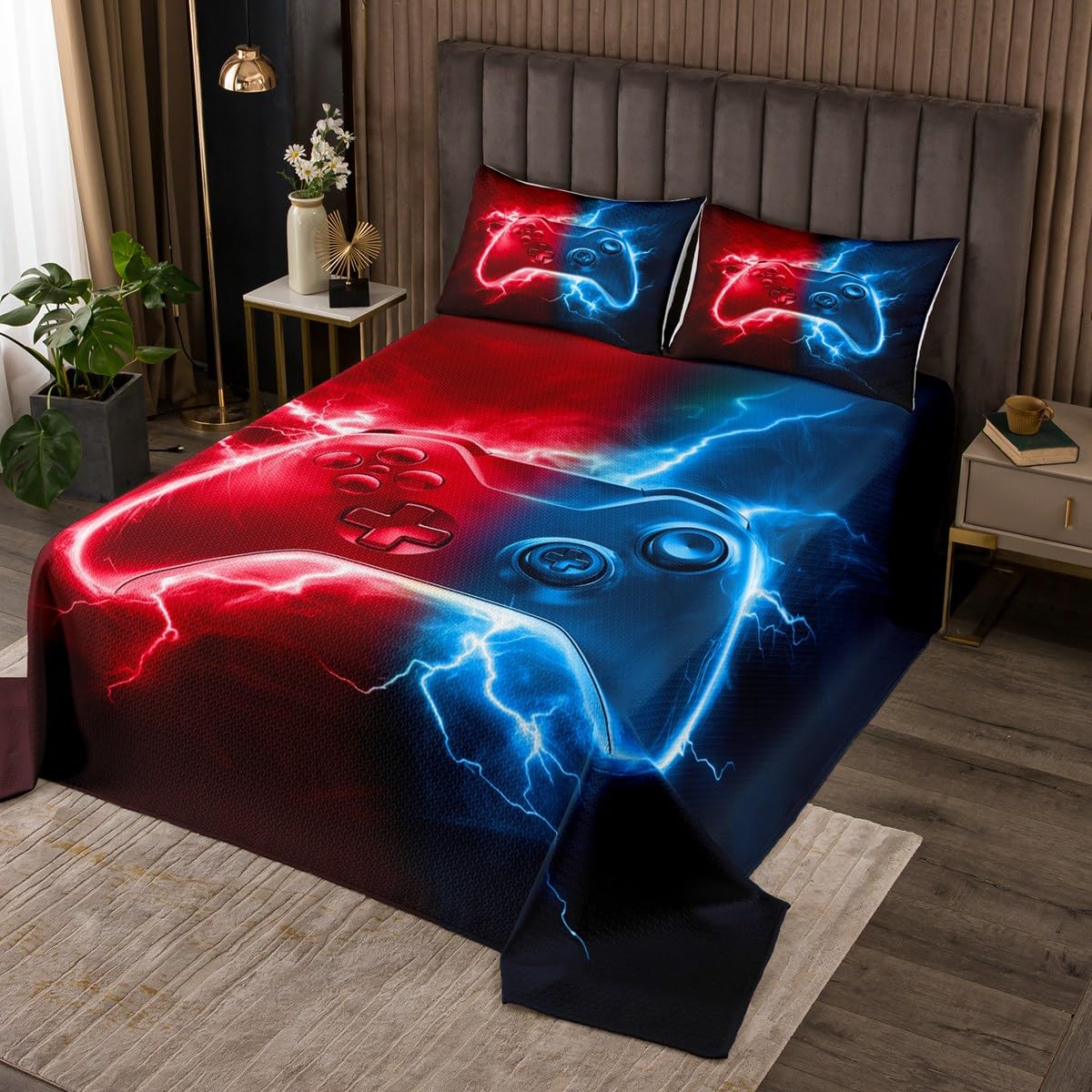 Manfei Video Games Bedspread King Size, Red and Blue Gamepad Coverlet Set 3pcs, Modern Gamer Gaming Quilted Coverlet with 2 Pillowcases, Kids Boys Teens Room Decor, Soft Bedding Quilt
