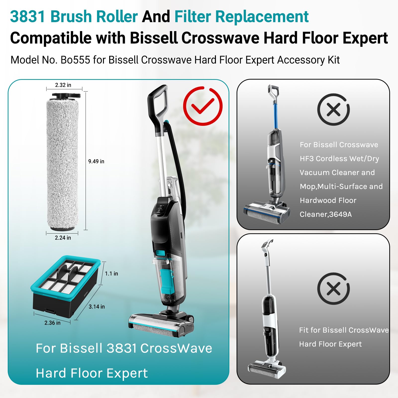 RONGJU 3831 Replacement Brushes and Filters for Bissell Crosswave Hard Floor Expert Vacuum 3831 HF2 3845 3847 3848, for Bissell Crosswave Replacement Parts, Accessory Kit No. B0555, 1637755, 1632973