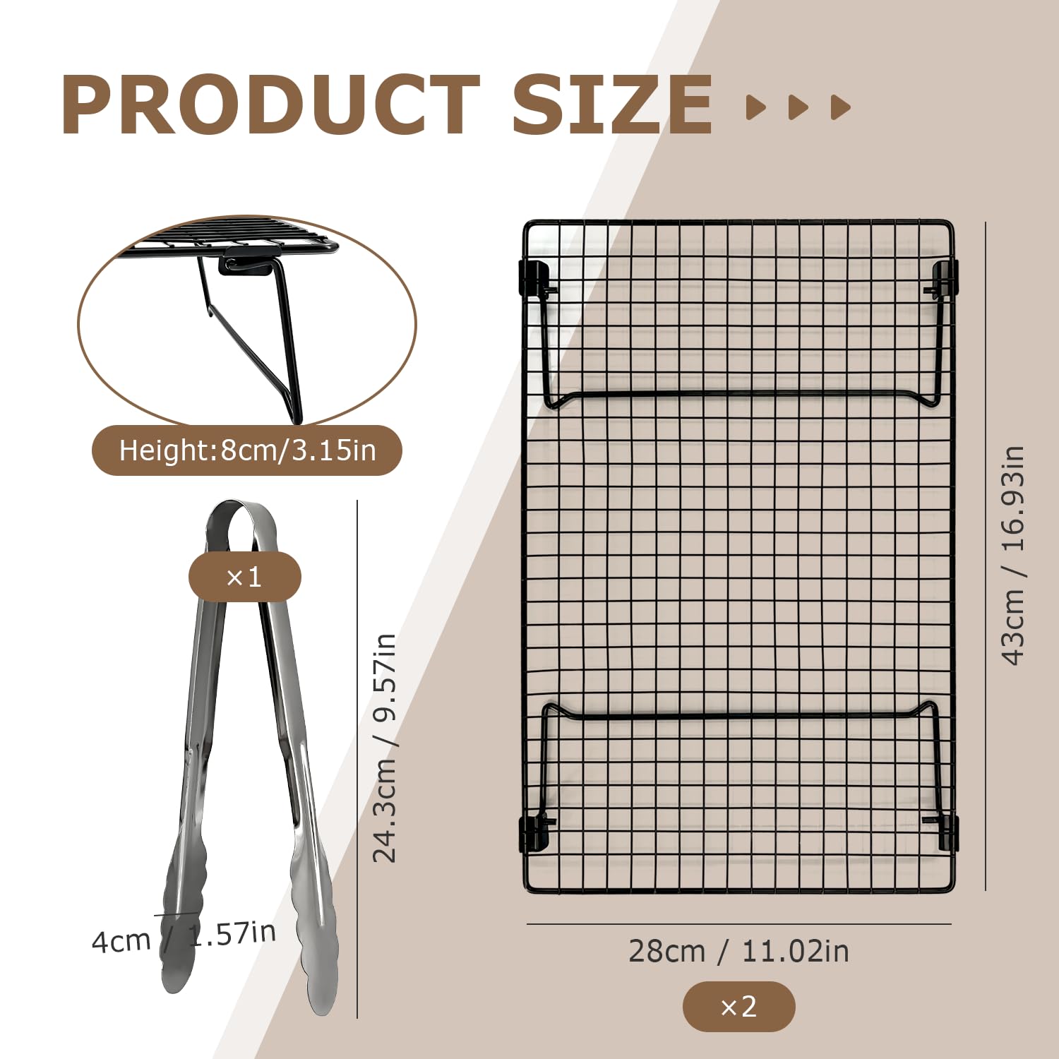 2-Pack 43x28cm Cooling Rack with Collapsible Legs & Stainless Steel Food Tongs - Folding Cooking Baking Grilling Rack for Oven, Drying, Roasting (Black) 2