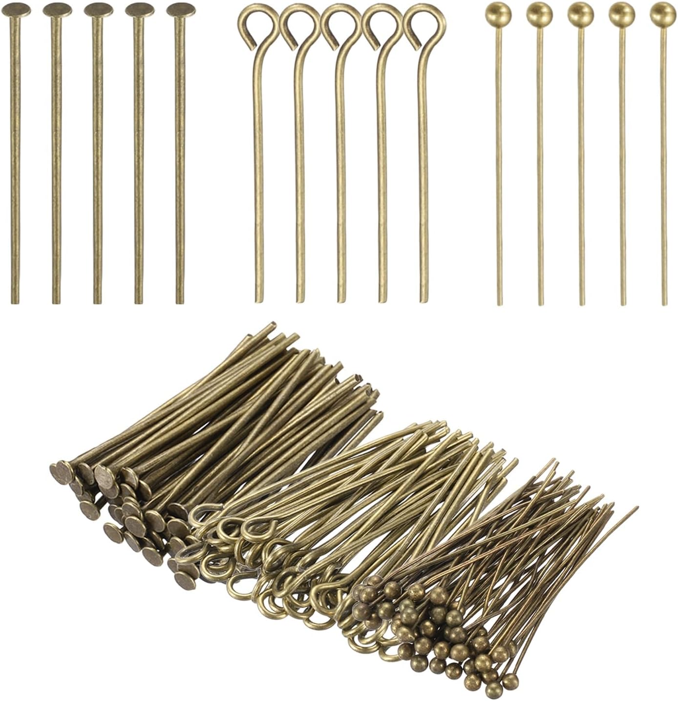 PATIKIL Head Pins Set for Jewelry Making, 600 Pcs 3 Styles 0.98" Flat Head & Ball Head Pins & Eye Pins Findings for DIY Necklaces, Earrings, Bracelets Making Supplies (Bronze)
