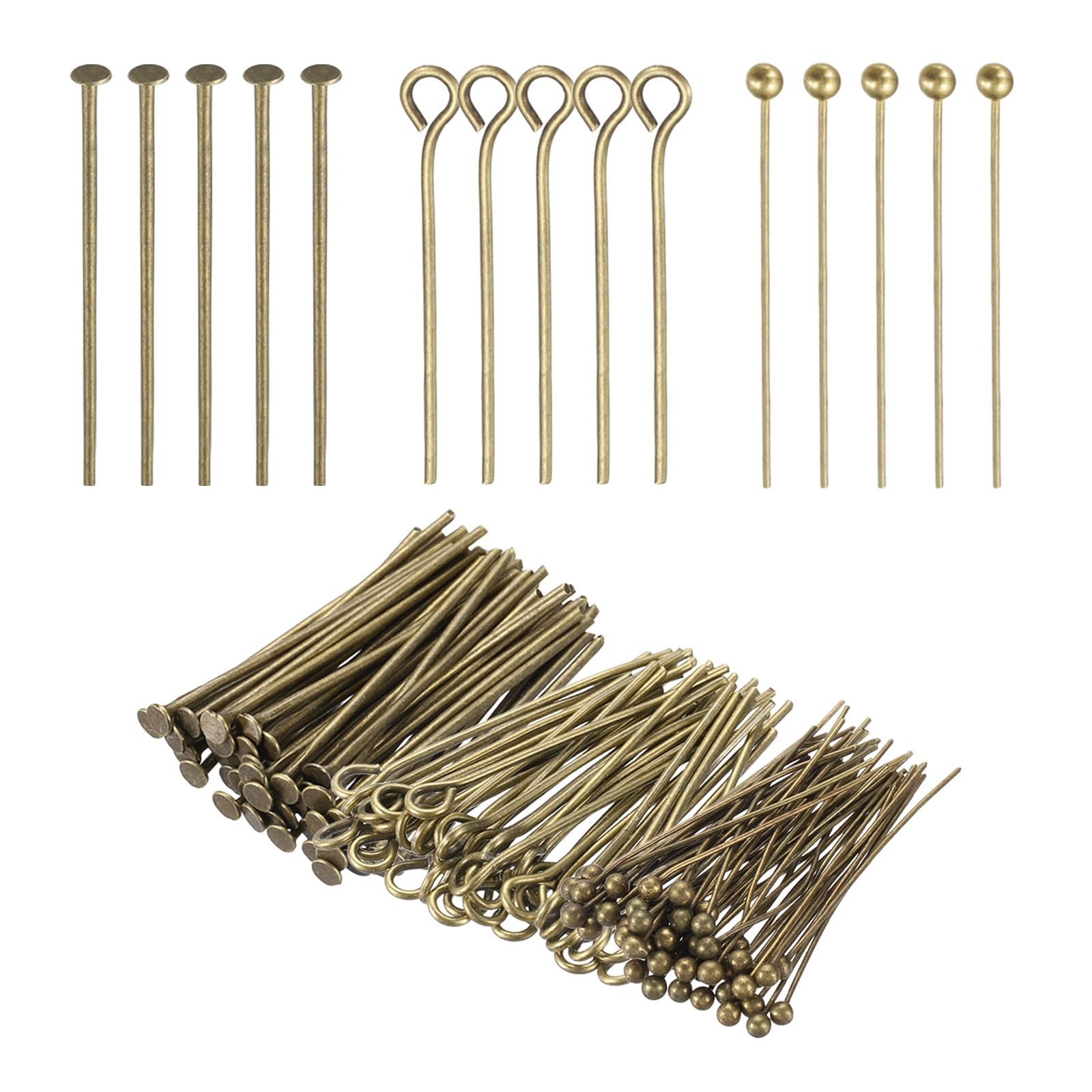 PATIKIL Head Pins Set for Jewelry Making, 600 Pcs 3 Styles 0.98" Flat Head & Ball Head Pins & Eye Pins Findings for DIY Necklaces, Earrings, Bracelets Making Supplies (Bronze)