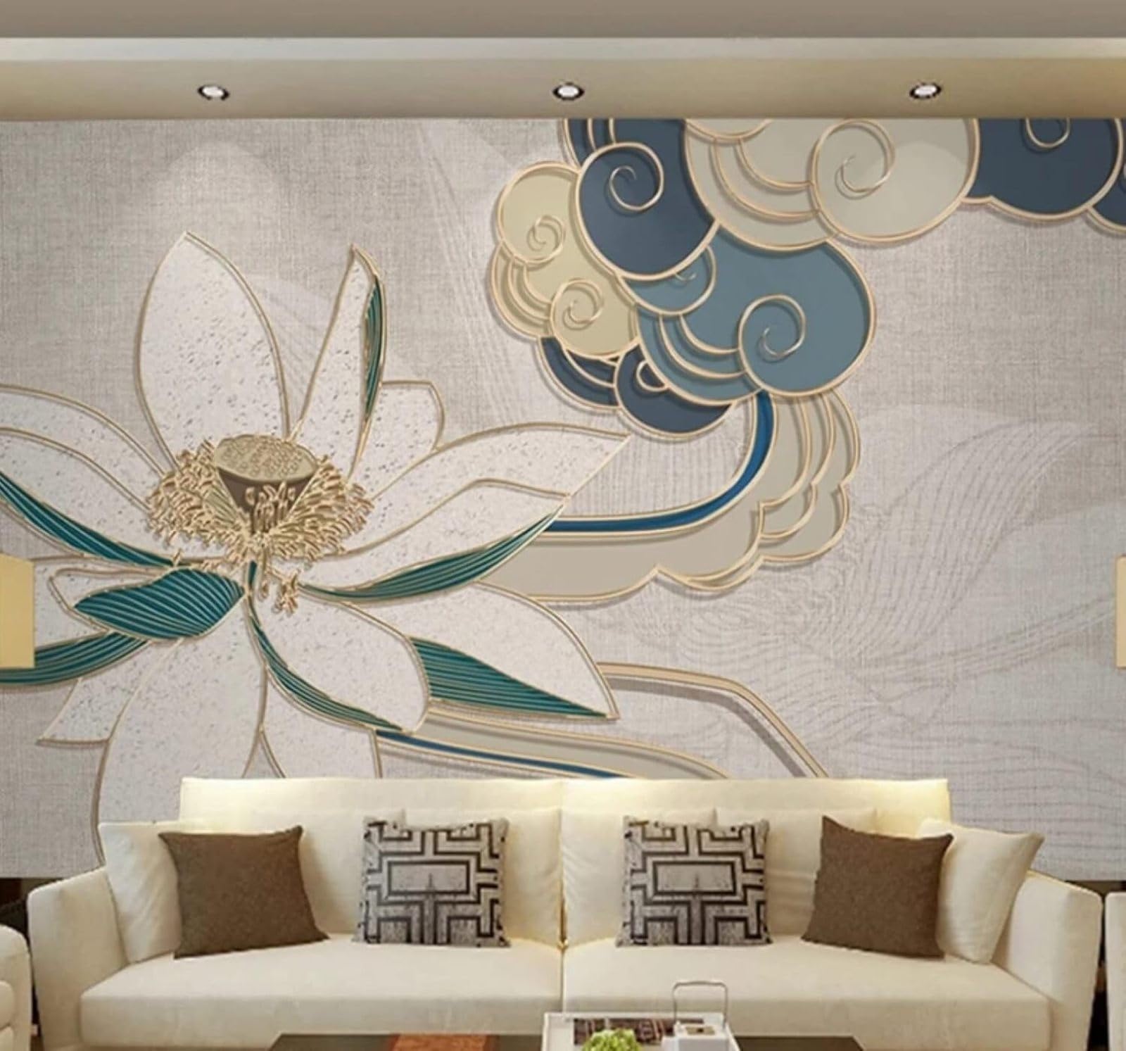 Retro Relief Gold Lines Lotus 3D Wallpaper Easy Install Feature Office Living Room Sofa Bedroom TV Background Wall Decoration-250cm×170cm