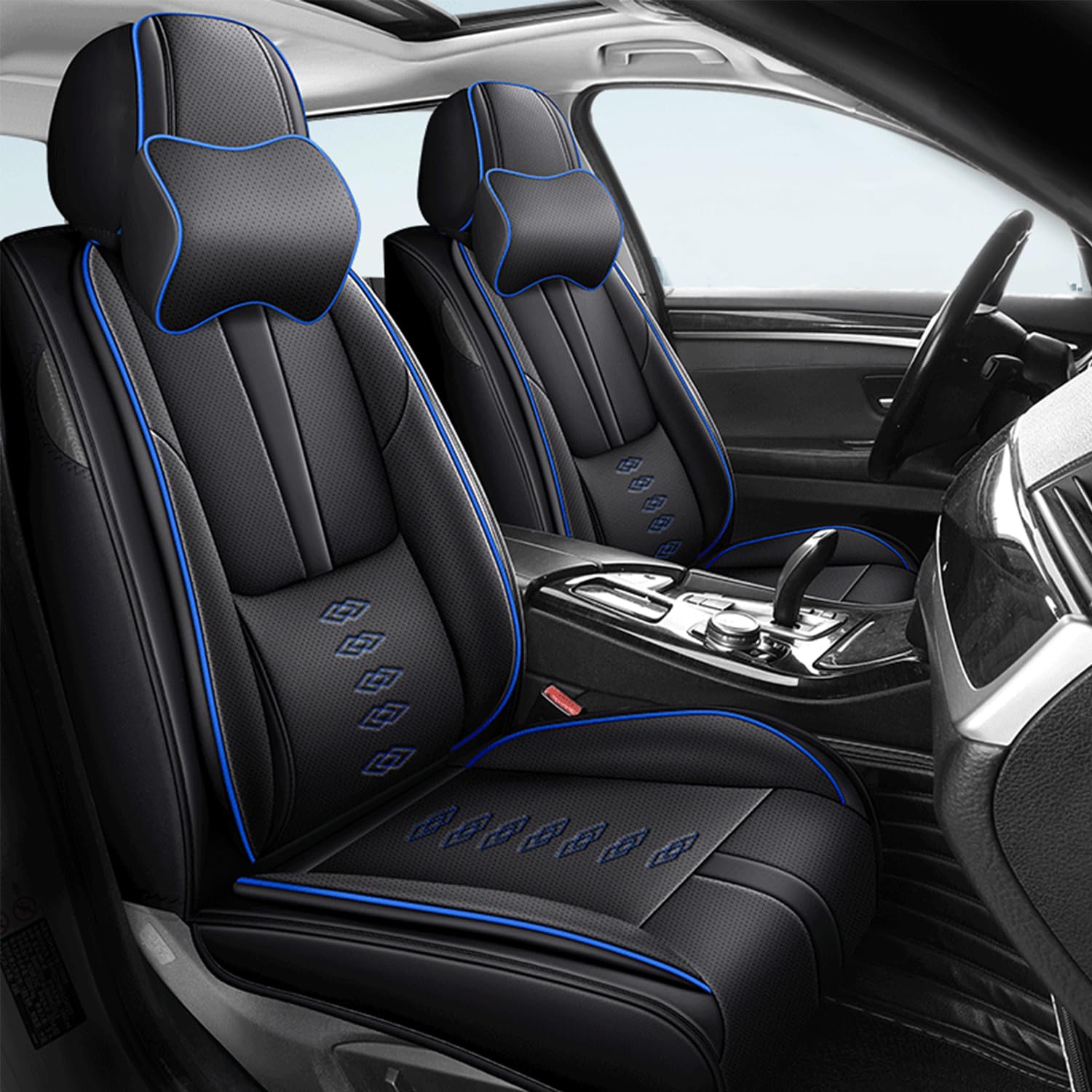 Car Seat Covers for Neon,for Dodge Neon 2000-2005,Leather Front Seat Covers,Airbag-Compatible Car Seat Protectors,Waterproof Seat Cover for Cars(Black+Blue,2PCS/with Pillows)