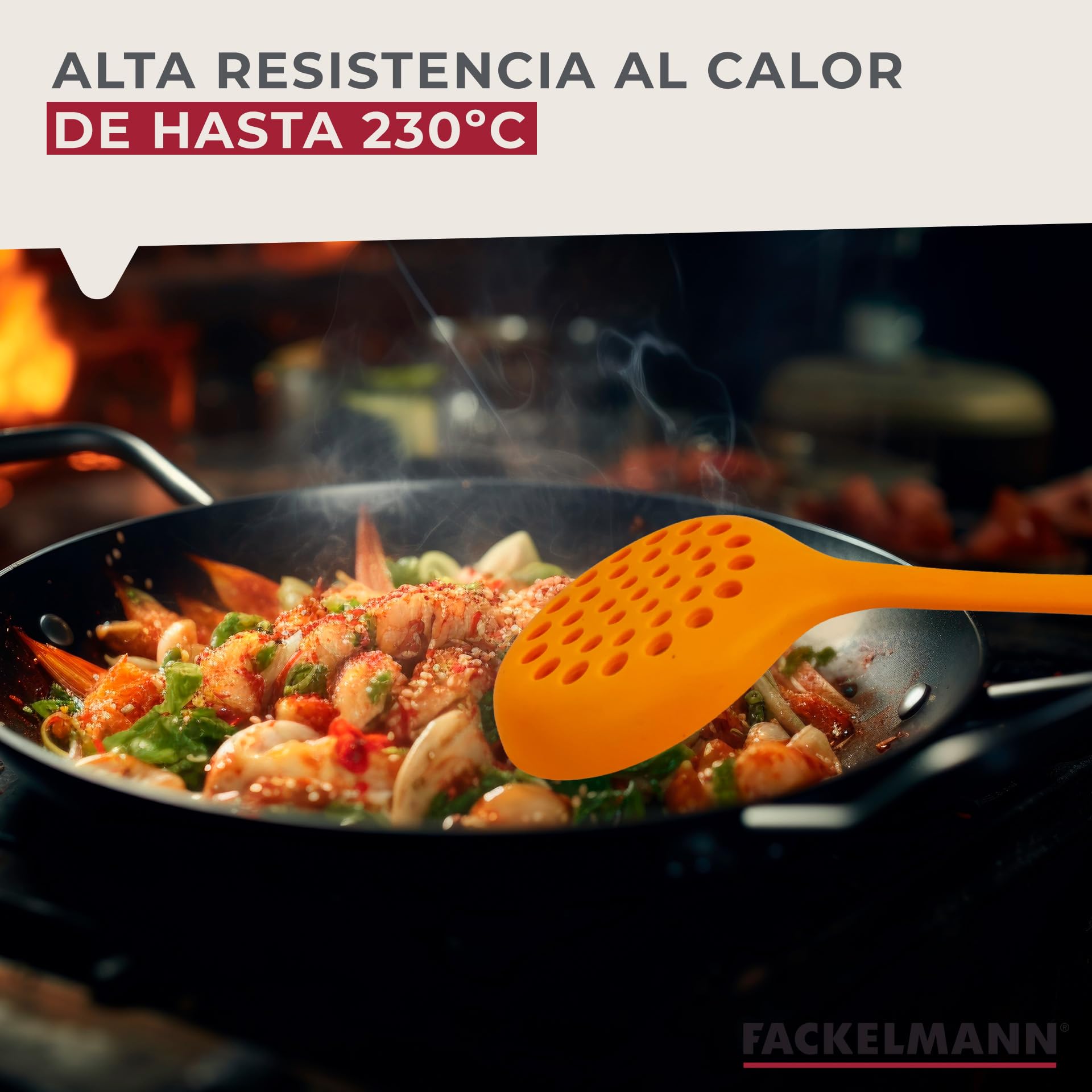 Fackelmann Espumadera de Cocina, Óptima para Freír, Silicona de Tacto Suave, Apta para Sartenes y Ollas con Revestimiento, Resistente hasta 230ºC, Apta para Lavavajillas, Color Naranja, 29x7 cm, 1 ud.
