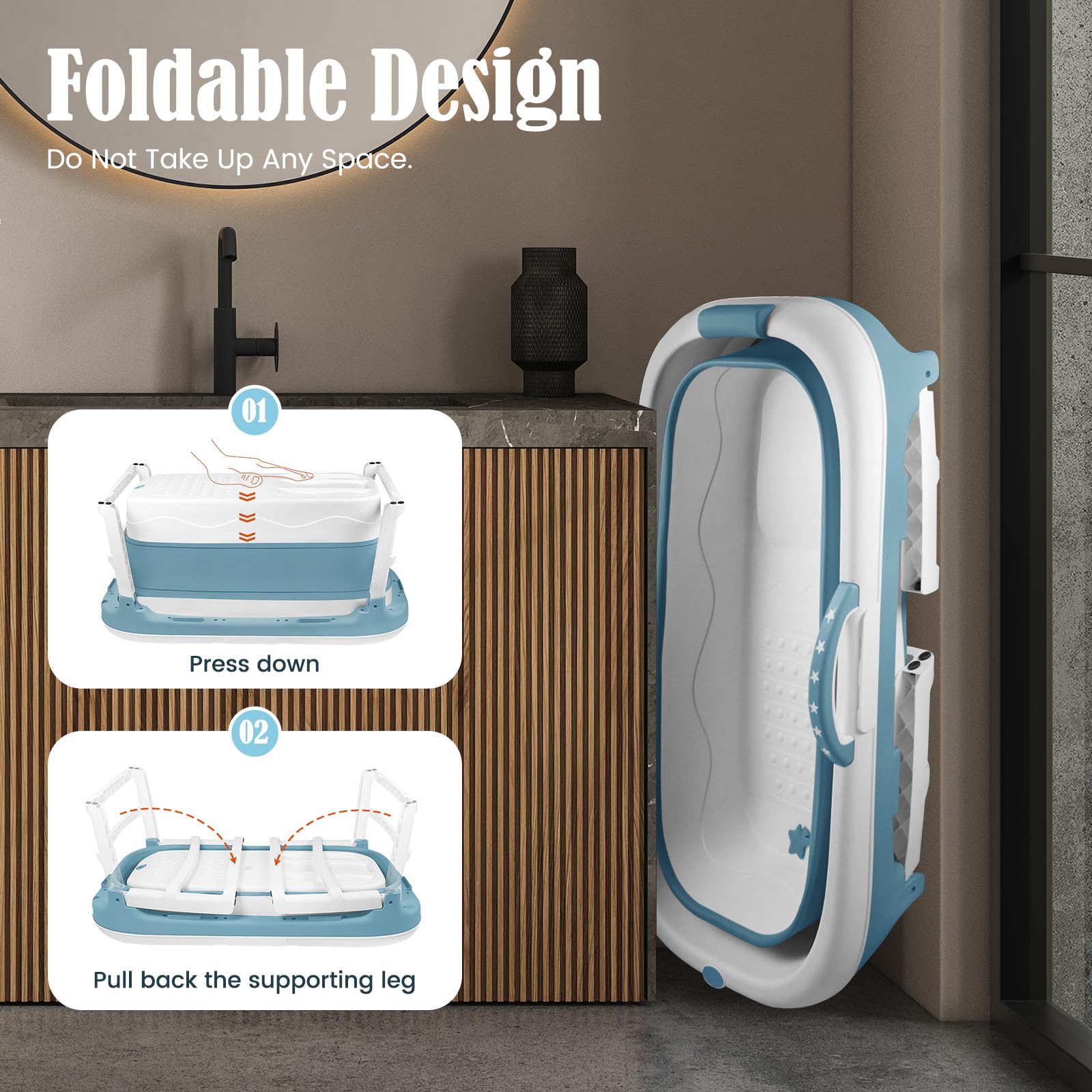 Bañera Plegable para Adultos, Bañeras Plegables Móvil con Rodillos de Masaje y Cubierta Extraíble, Bathtub Plegable Portátil para Baños Pequeños, Cesta de Jabón, Termómetro, Balcón, Azul, 118x62x52cm