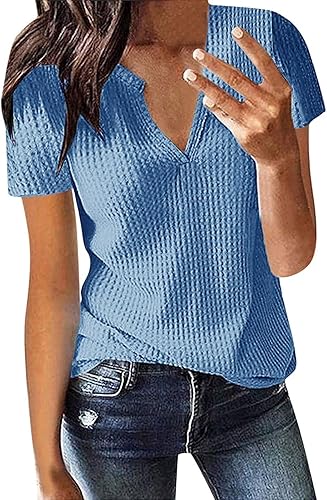 Camisetas casuales de manga corta con cuello en V para mujer, de punto gofre, ajuste holgado, camisetas de verano cómodas Henley, Gris