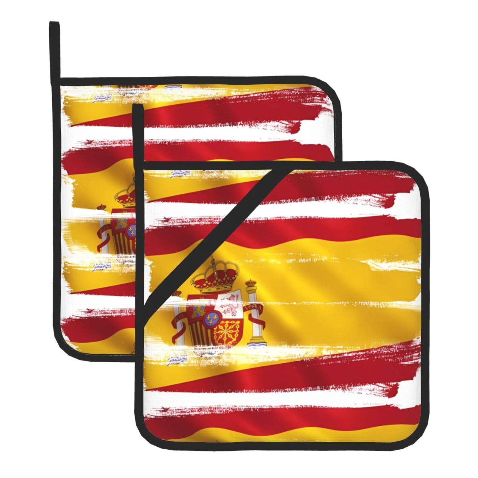 WHJDPP Spain Flag Prints Square Hot Pads for Kitchen - Waterproof Pot Holders Set of 2, Durable Trivets with Pocket & Hanging Loop for Hot Dishes & Oven Use