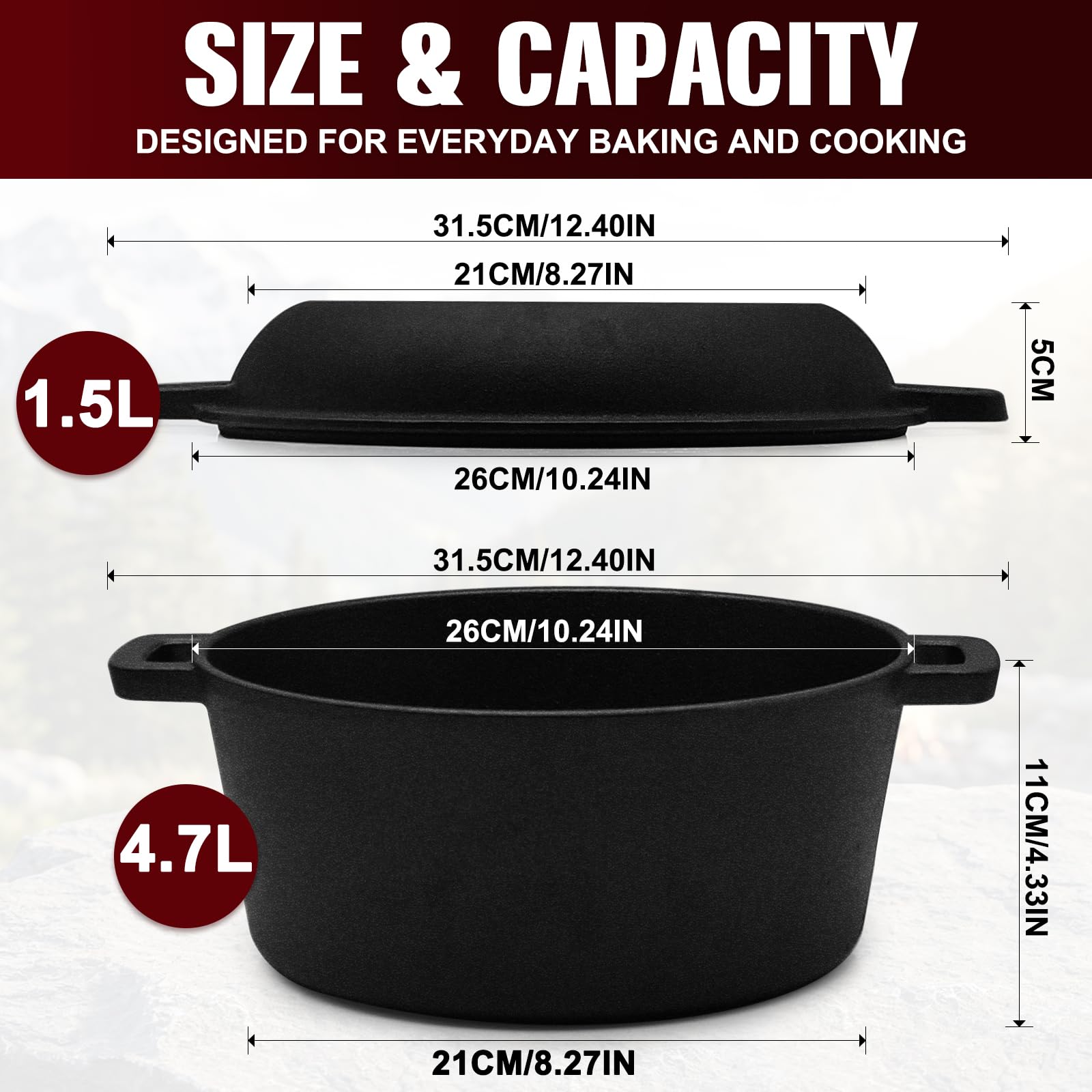 Marmite à pain 2 en 1 en fonte avec couvercle, casserole de 4,7 l + couvercle de 1,5 l, casserole ronde pour la cuisson du pain, braiser et cuire au four, cuisinière à gaz, électrique et à induction