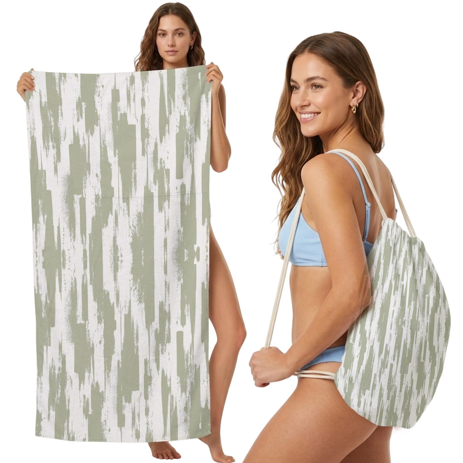 Beach Towel Bag 2 in 1 Sage Green Abstract Lines Bath Pool Towels Backpack Graffiti Vertical Stripes Absorbent Beach Towel Soft Quick Dry Lightweight Packable Towels Drawstring Bag for Travel Sports