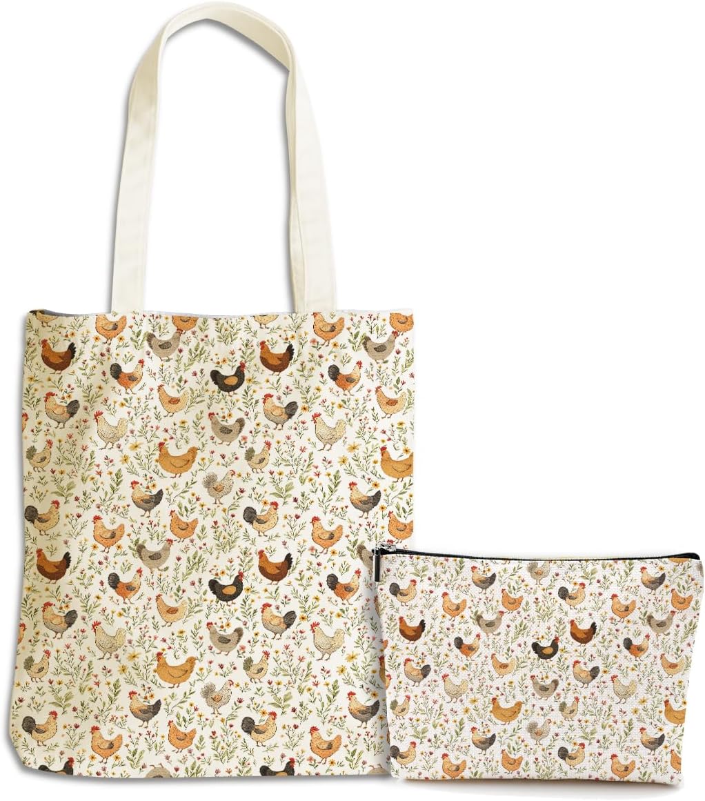 Cute Farm Animal Chicken Gifts for Women Girls Sister Chicken Lovers Mom Makeup Bag Canvas Tote Bag, Reusable Grocery Bags with Inner Pocket for Beach Camping Shopping Birthday Christmas