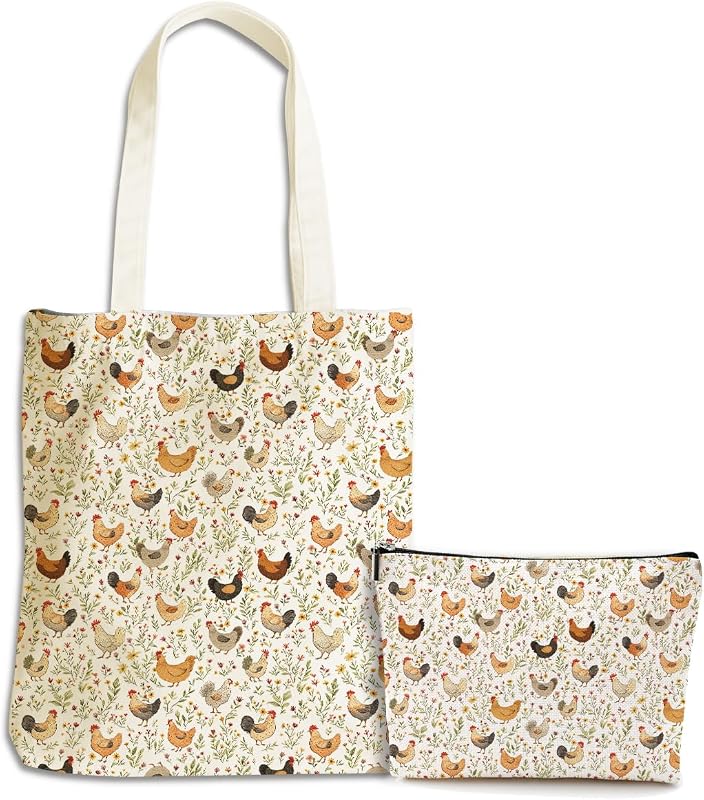 Bolsa tote de lona com estampa Chicken 81 e nécessaire de maquiagem XLRSDF, conjunto com 21 unidades