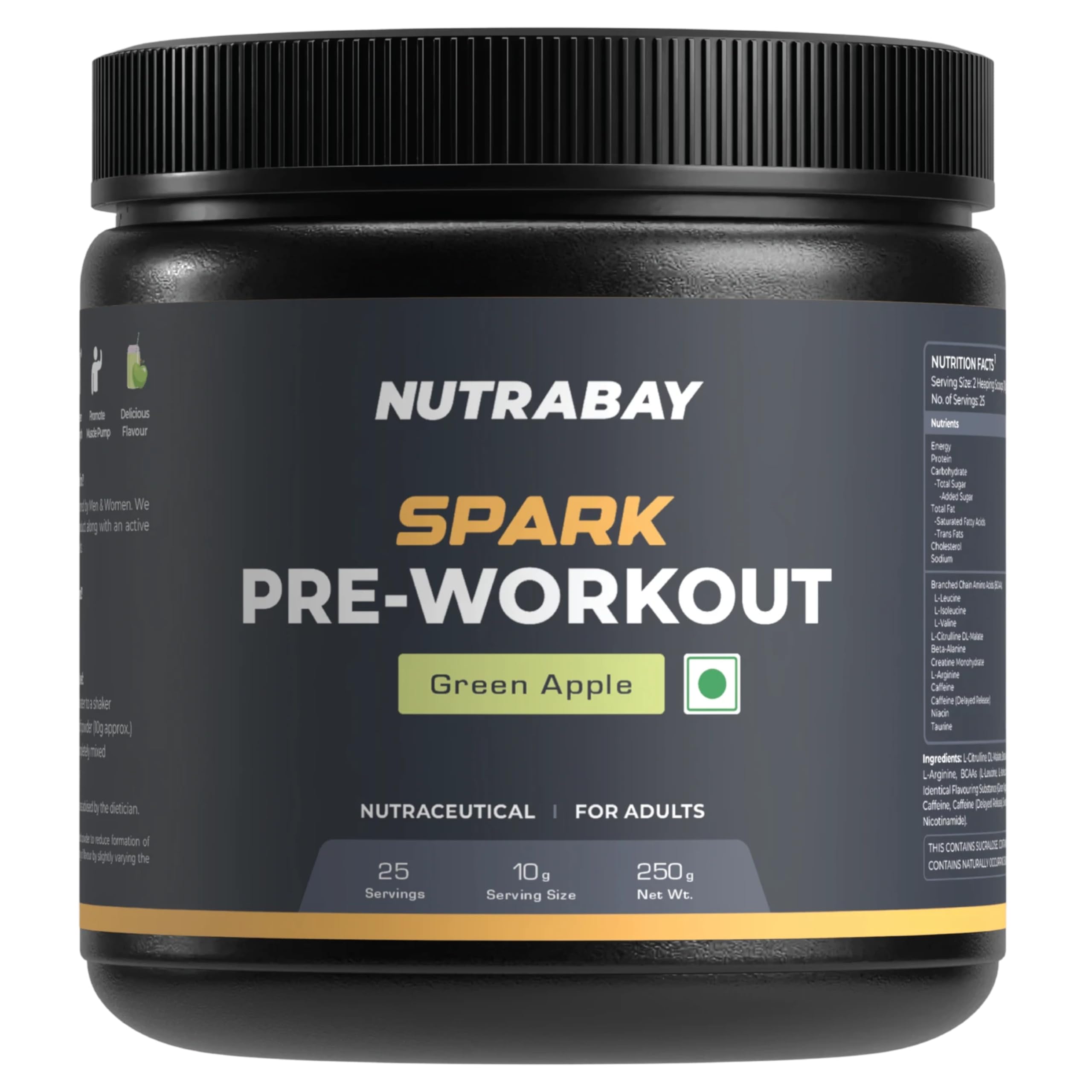 Nutrabay Gold Spark Pre Workout Supplement Powder 300mg Caffeine, 1000mg L-Arginine, 3000mg Beta Alanine, 2500mg Citrulline Malate per Serving – Muscle Pump & Performance – 250g, Green Apple