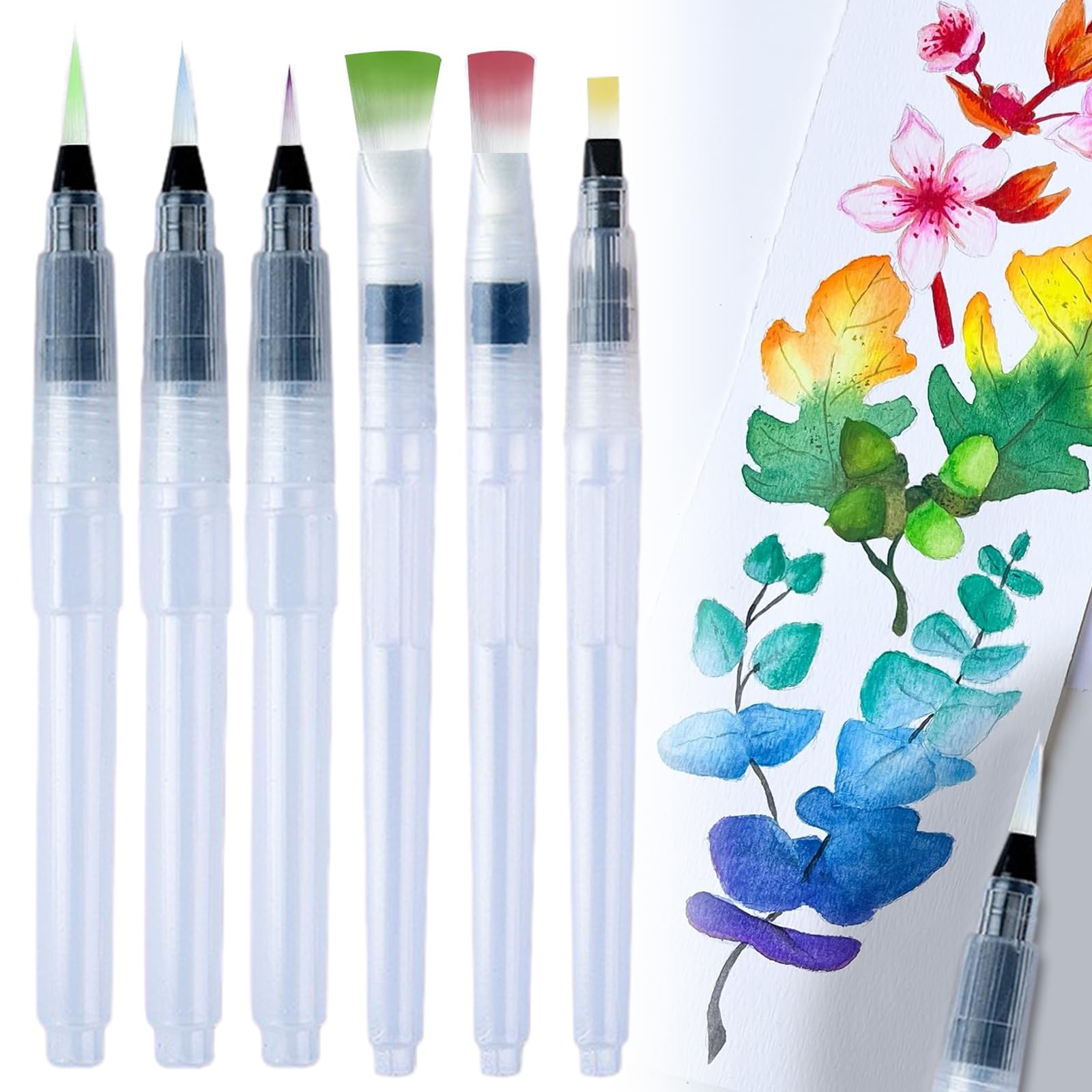 Lot De 6 Pinceaux à Réserve D'Eau Rechargeables - Pointe Plate Et Pointue, Pour Aquarelle, Calligraphie, Peinture - 2