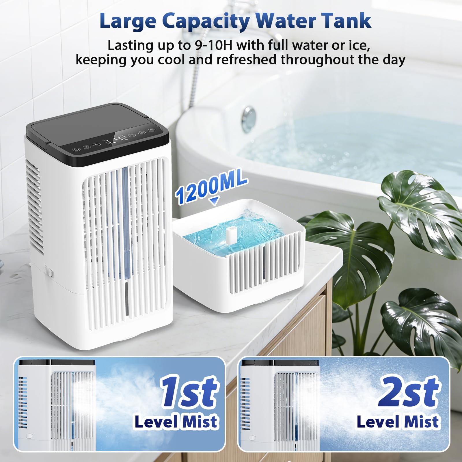 Condizionatore Portatile 1200ML, Raffrescatore d'aria con 2 modalità di nebulizzazione, 4 Velocità, Ventilatore USB, Timer 8 Ore e Oscillazione a 90° pour Cucina Camera da letto Ufficio, Bianco