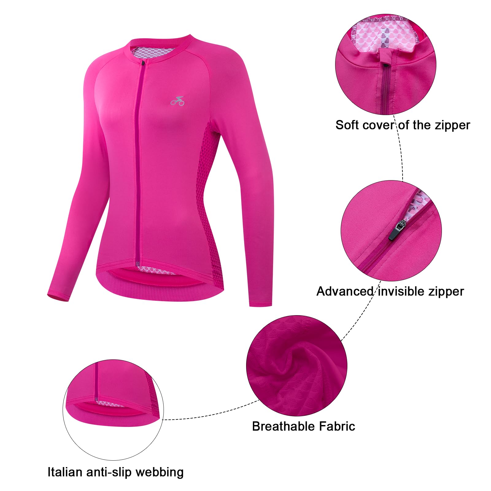 Maglia da ciclismo da donna, a maniche lunghe, traspirante, per bici da corsa, altamente elastica, con 3 tasche posteriori