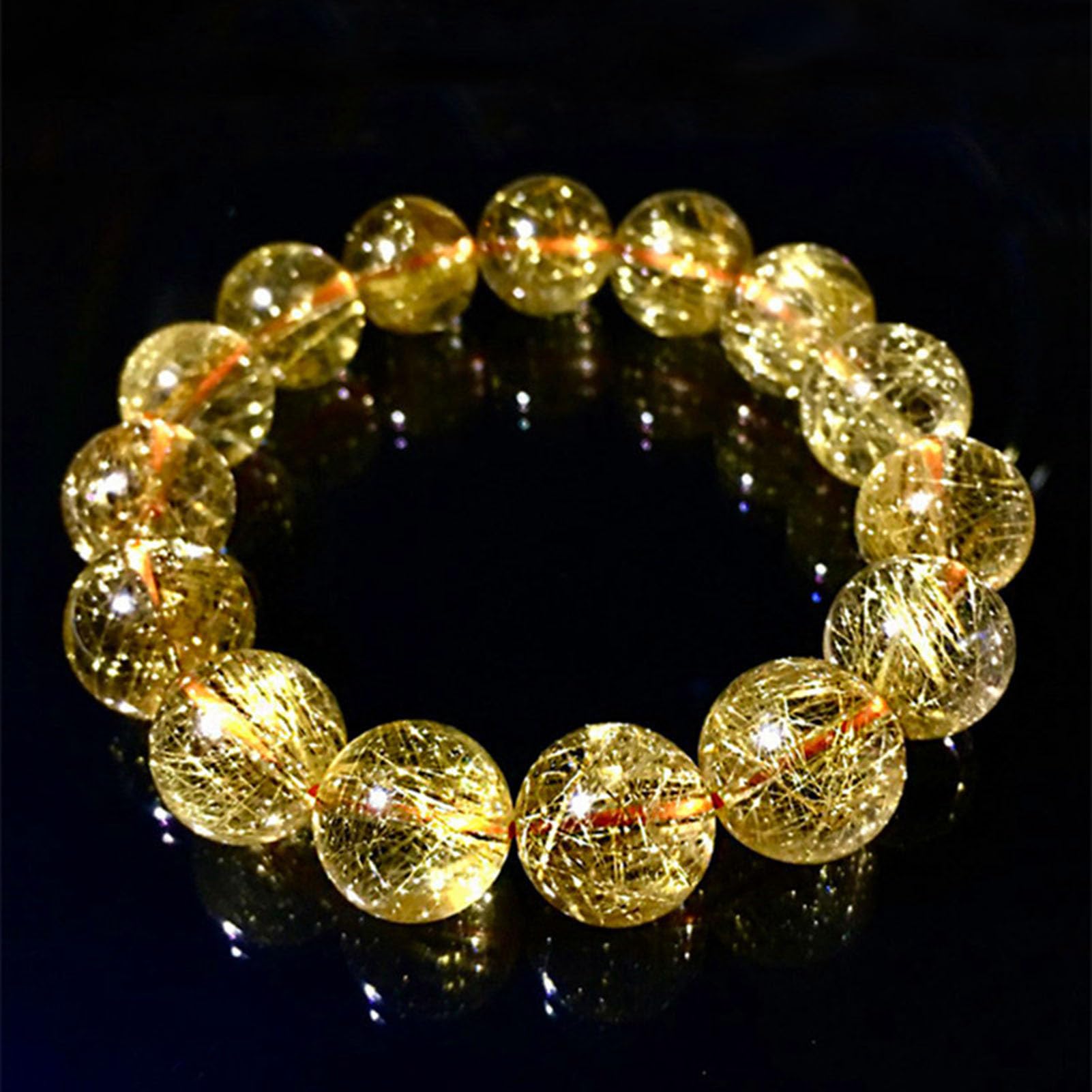 Bracciale con Pietra preziosa curativa citrino, Cristalli Bracciale con Perline Chakra Naturali Perline di Cristallo Regolabili Quarzo rutilato Dorato Perline di Pietra Lisce,6MM