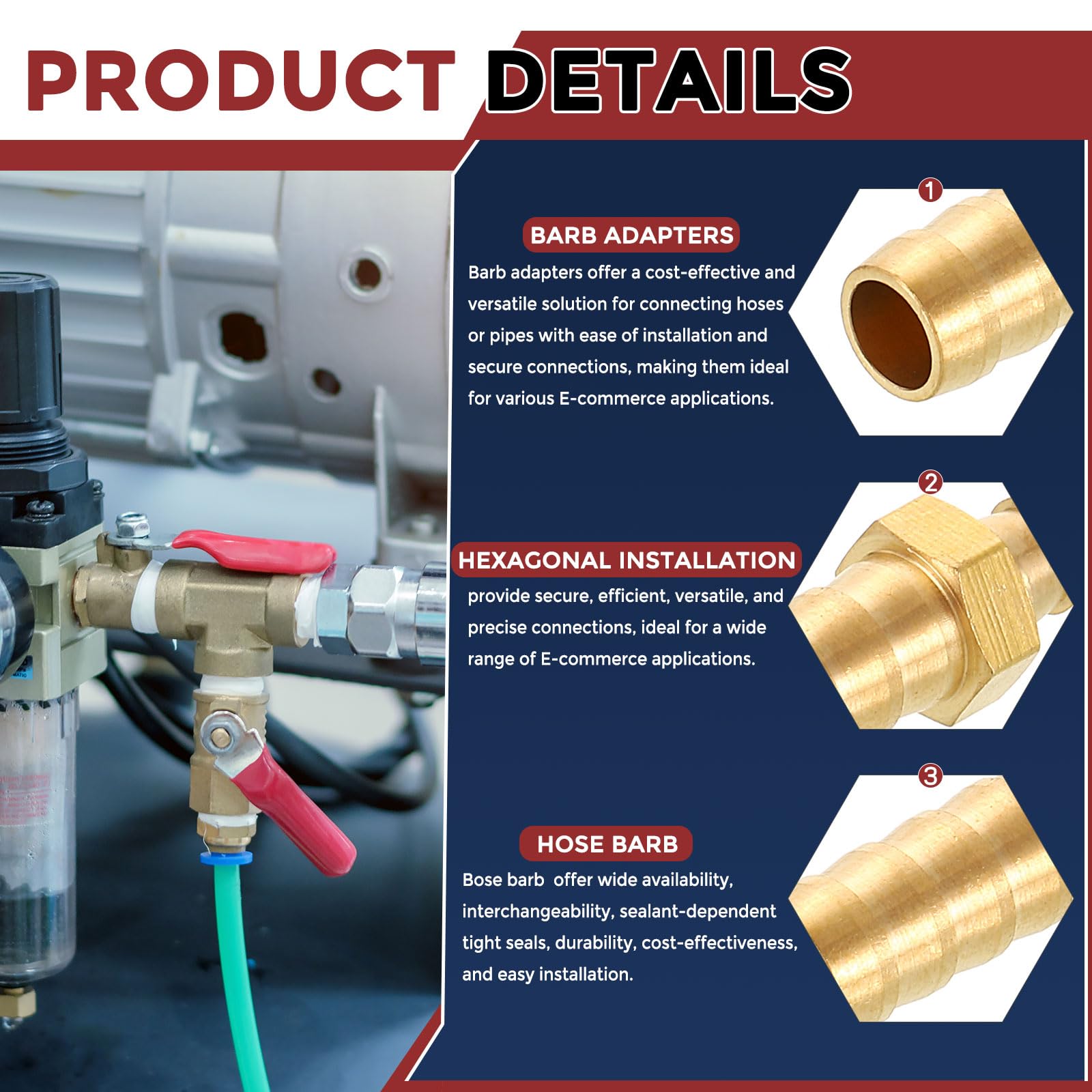 Kozelo Packs of 2 Brass Hose Barbs Fittings 1"(25.5mm) Hose Barbs to 1"(25.5mm) Fittings for Home Machines Massage Bathtubs - Image 3