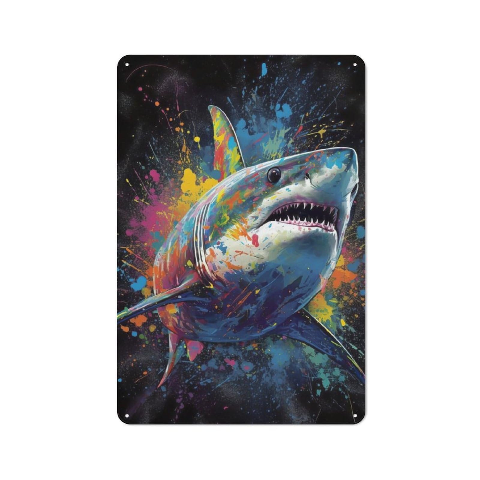 Junmoney Shark Painting Vintage Tin Sign 30X20cm For Hobby Room Or Studio, A New Home Present For Creative Interior Collectors